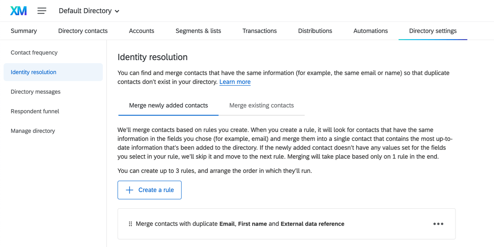 Image of the directory settings opened to the identity resolution page