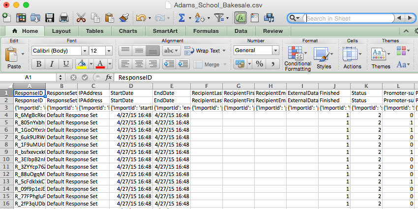 Overall view of CSV data export opened in a spreadsheet