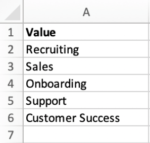 a csv file for importing tag values. The file contains one column with the header "value". each cell contains one value for the tag