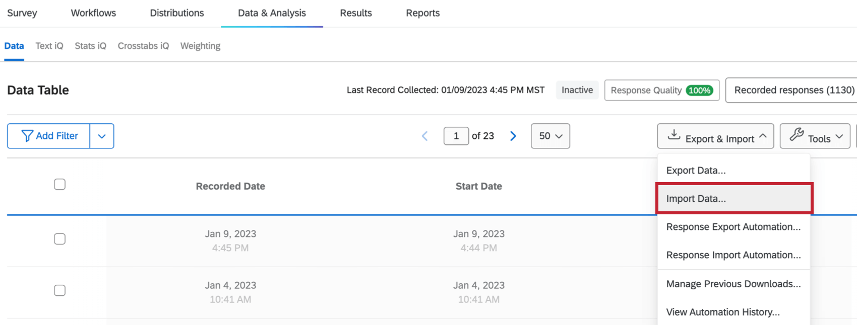 Inside a survey, the data and analysis tab, and inside that, the export & import option next to tools. second option inside menu that opens is import data