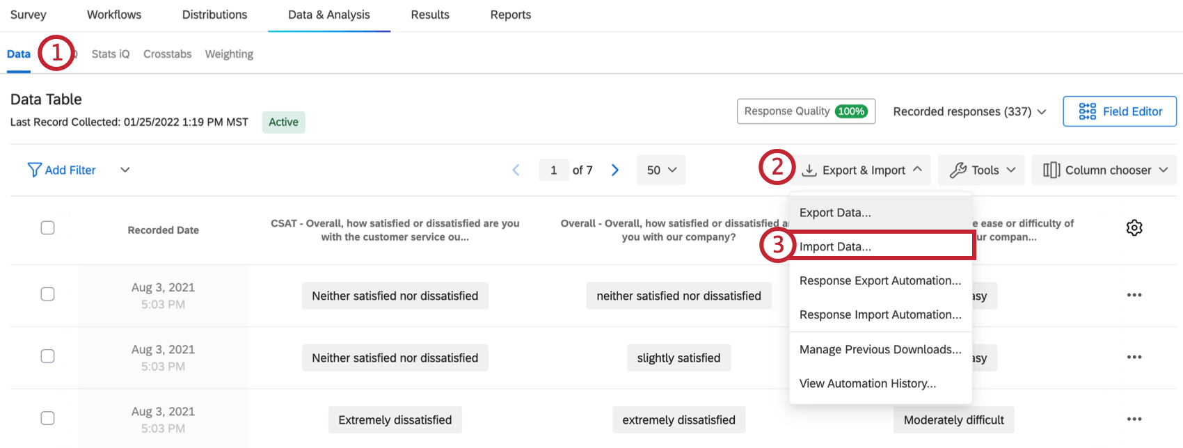 Import Data option from Export & Import dropdown in Data & Analysis tab