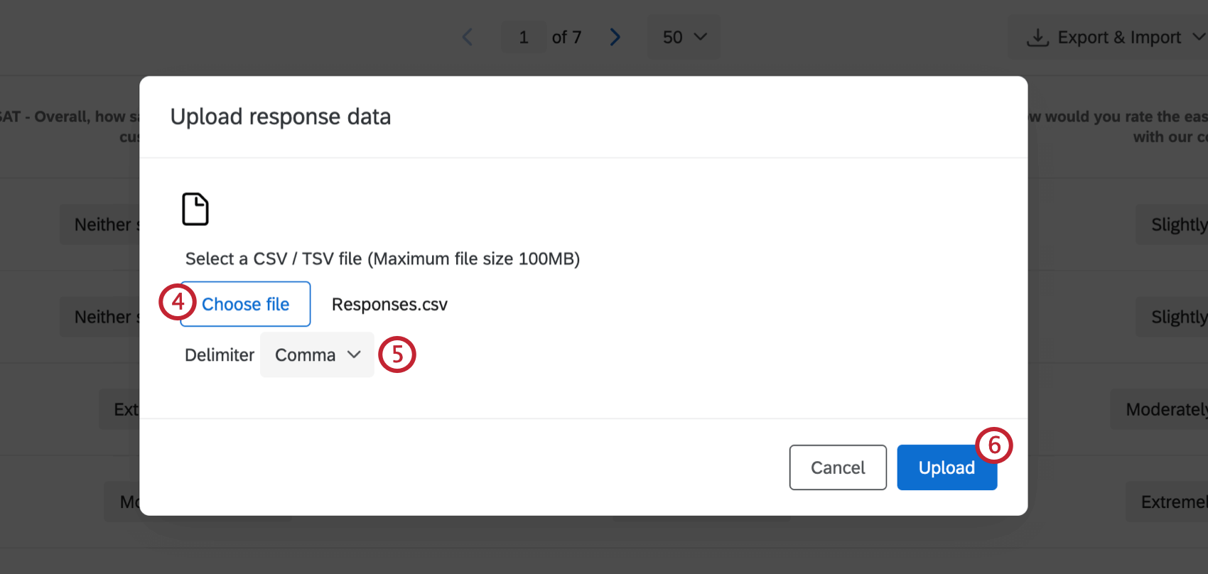 Upload Response Data menu with Browse button, Delimiter dropdown, and Upload button