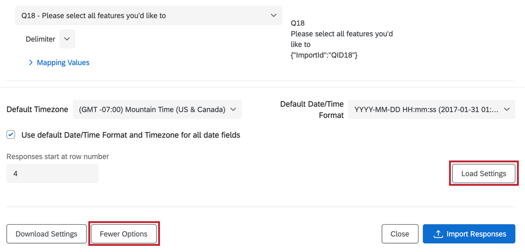 Load Settings option in bottom right and Few Options in bottom left of Configure Response