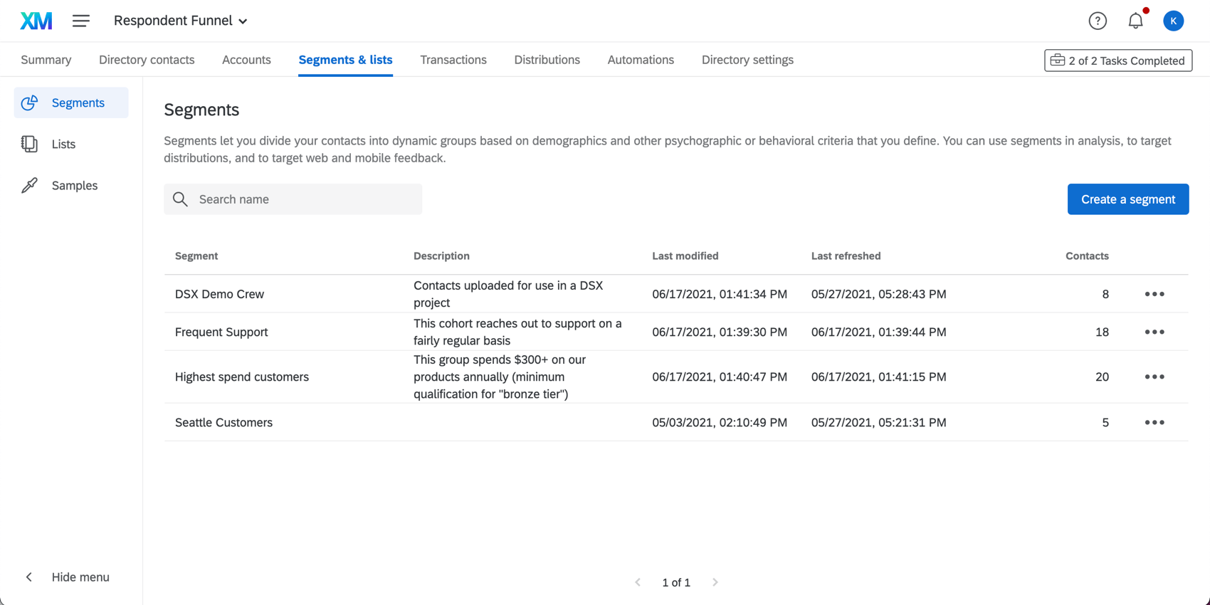 A picture of the segments tab with a bunch of segments listed, such as a demo crew, frequent support contacters, highest spend customers, and seattle customers