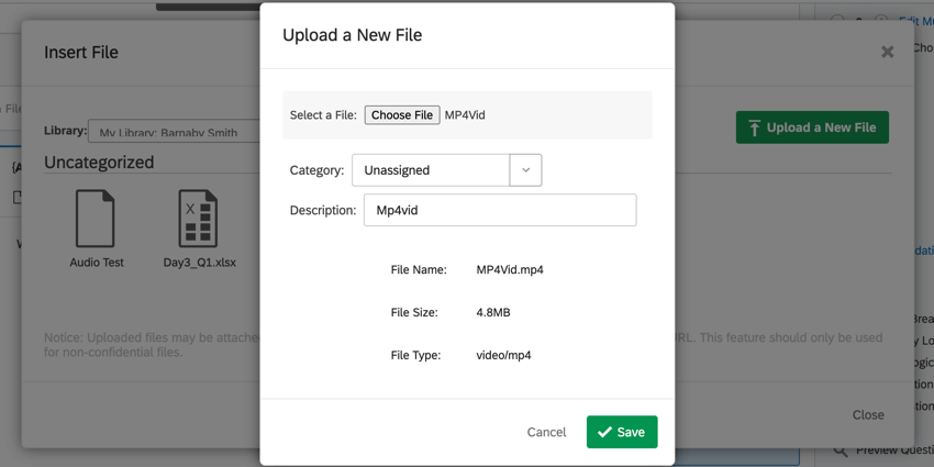 the screen for uploading a new file to your library