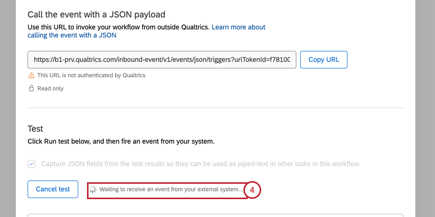 the json event waiting to receive an event from your external system