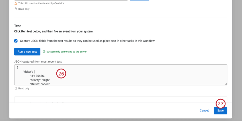 viewing the test payload and clicking Save