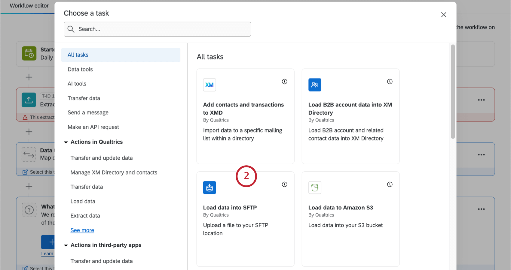 Screenshot of window that opens when you add a task, which shows the load data into sftp task