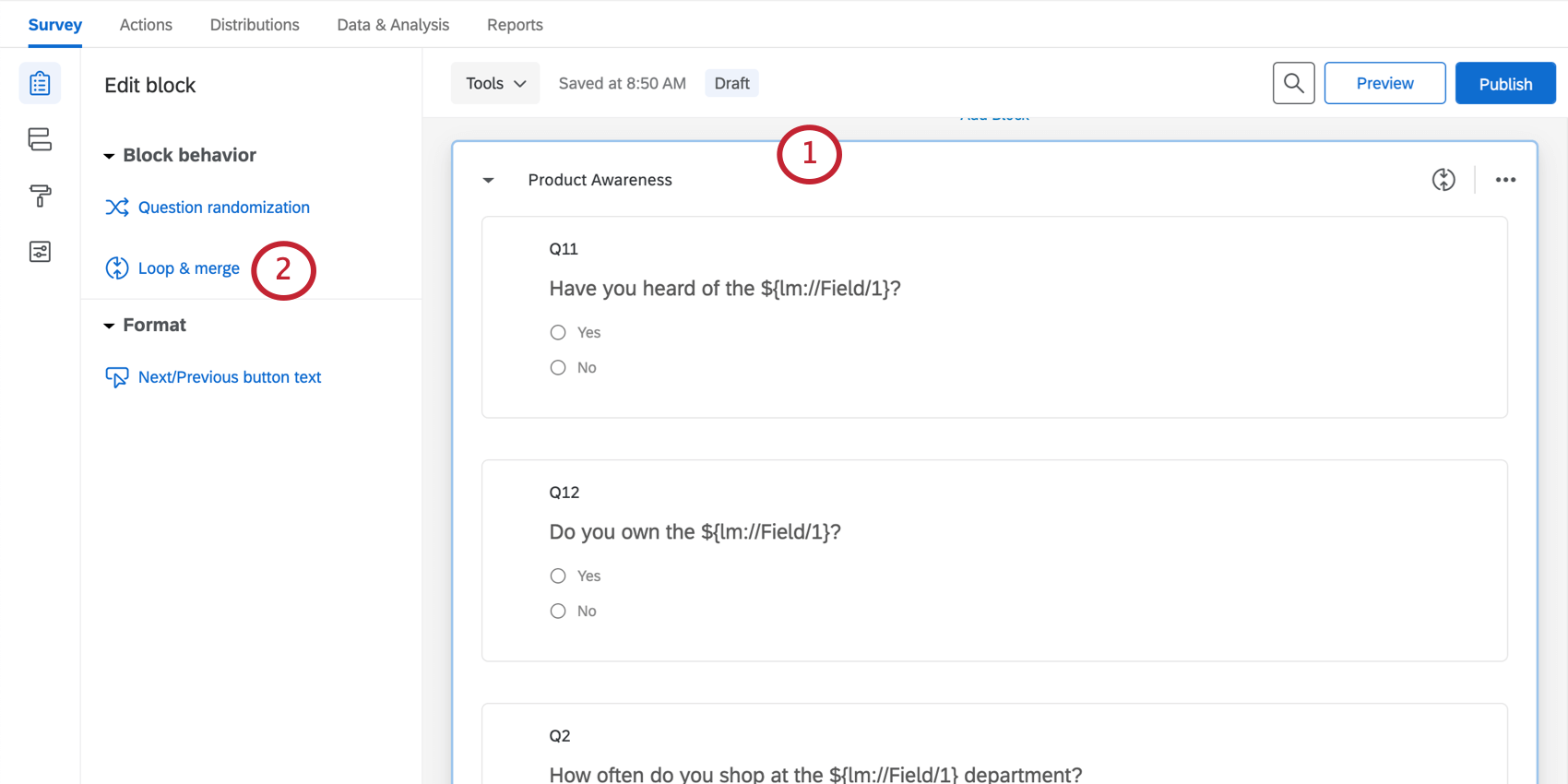 Block clicked; loop and merge option appears in editing pane to left