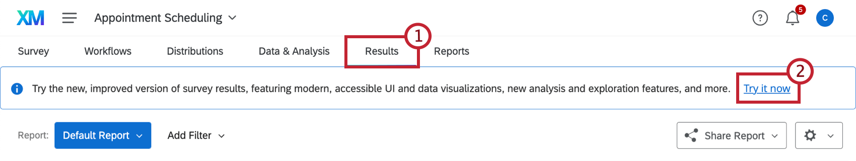 accessing results dashboards from the "try it now" banner in results-reports