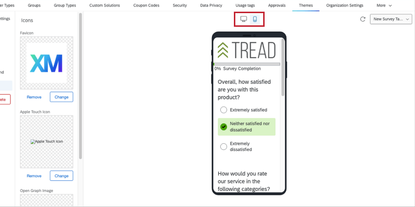 Mobile selected from icon on top, showing the theme on a survey in an iphone or android