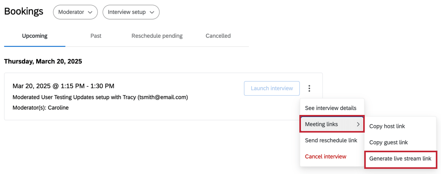button to generate a live stream link
