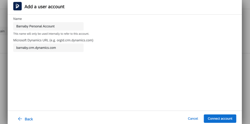 adding a new account by specifying the microsoft dynamics URL
