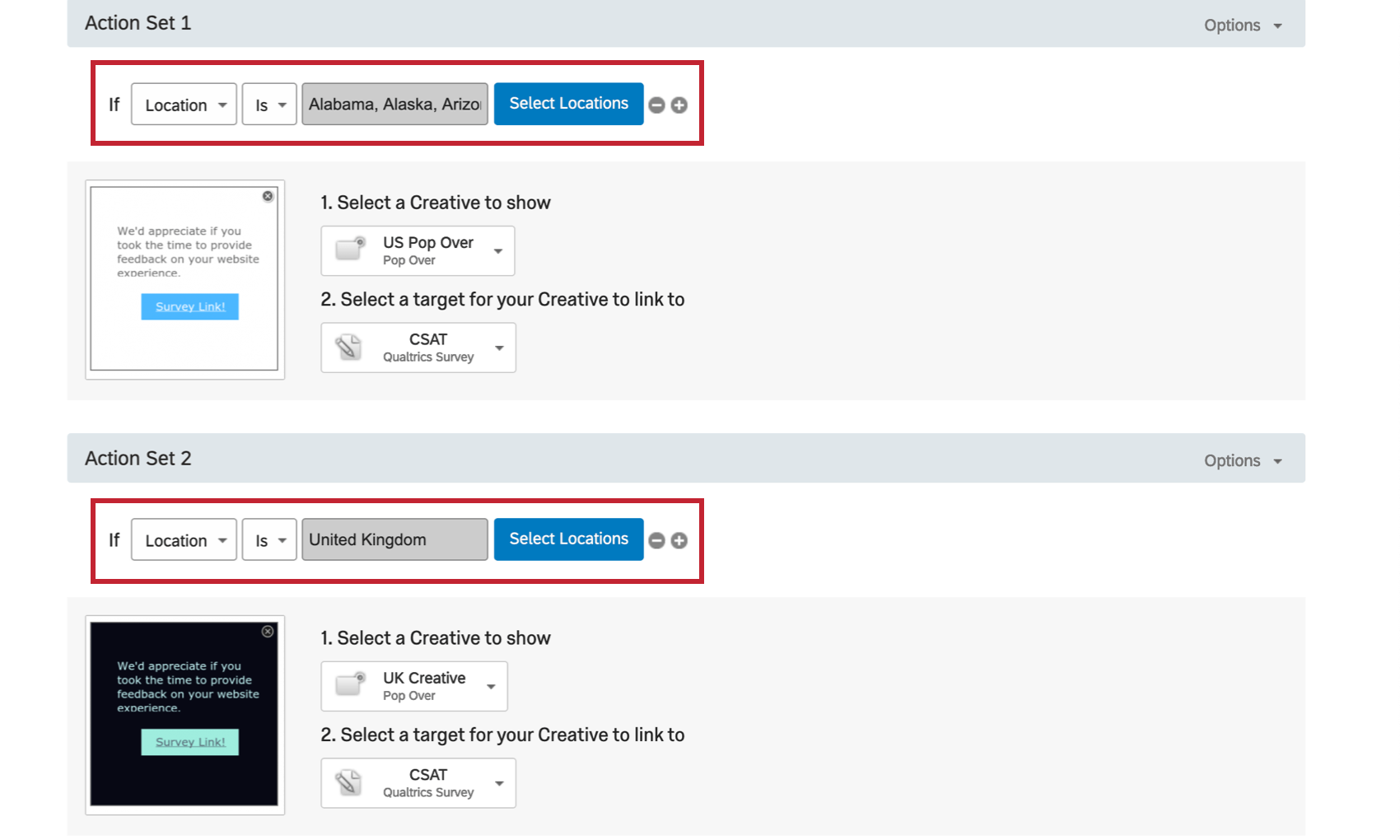 Action set 1 says If Location Is... then lists all US states. Action 2 says if location is United Kingdom