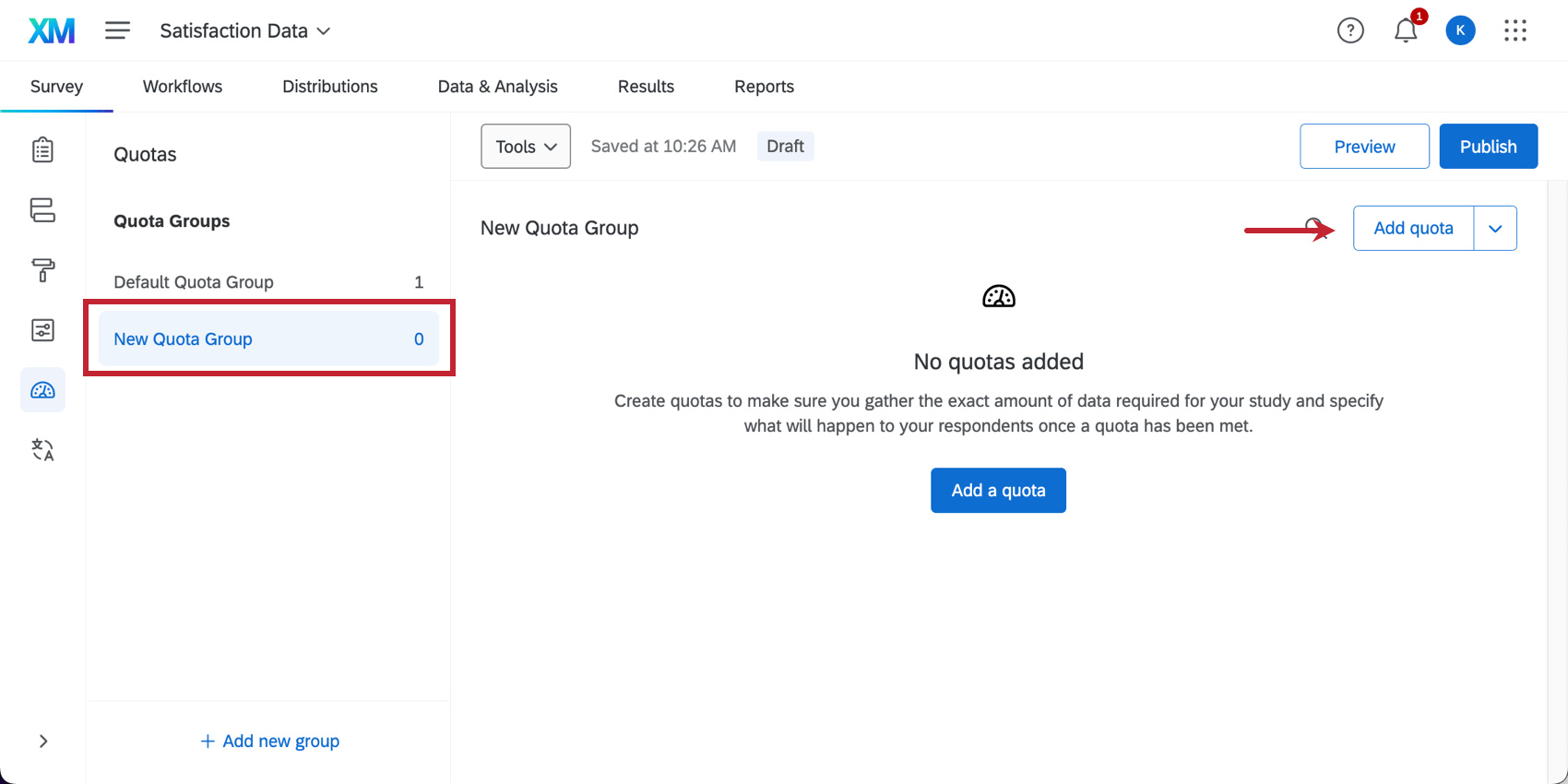 New quota group selected and add quota button highlighted