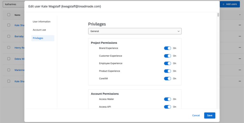 Privileges tab