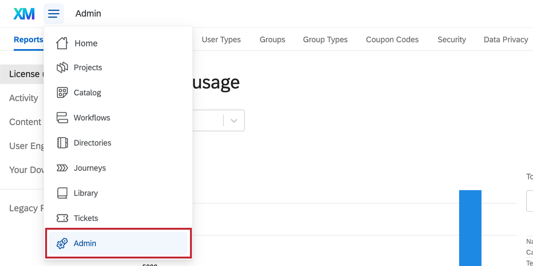 Admin option from global navigation menu