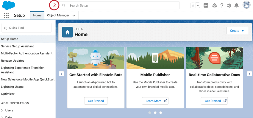 clicking the setup bar in salesforce