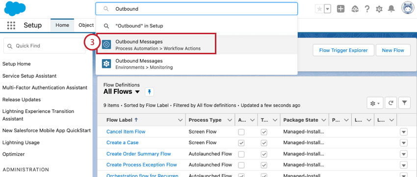 choosing outbound message in the setup search