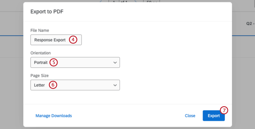 additional options when exporting a response to pdf