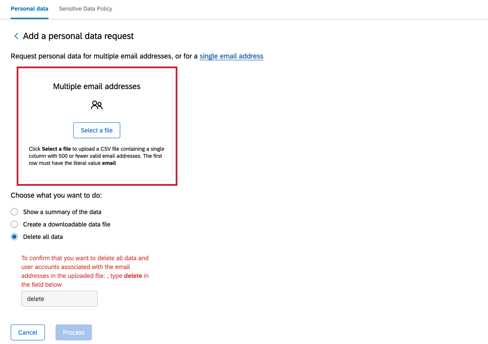 Now that multiple email addresses is selected, new button for uploading a file