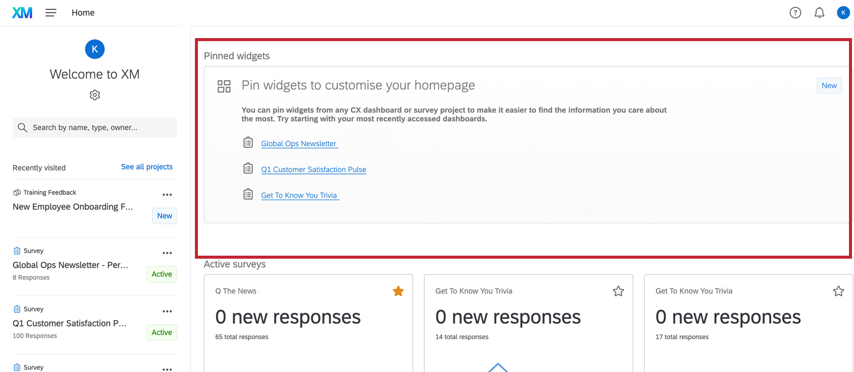 Gray area at the top of homepage where pinned widgets can be added
