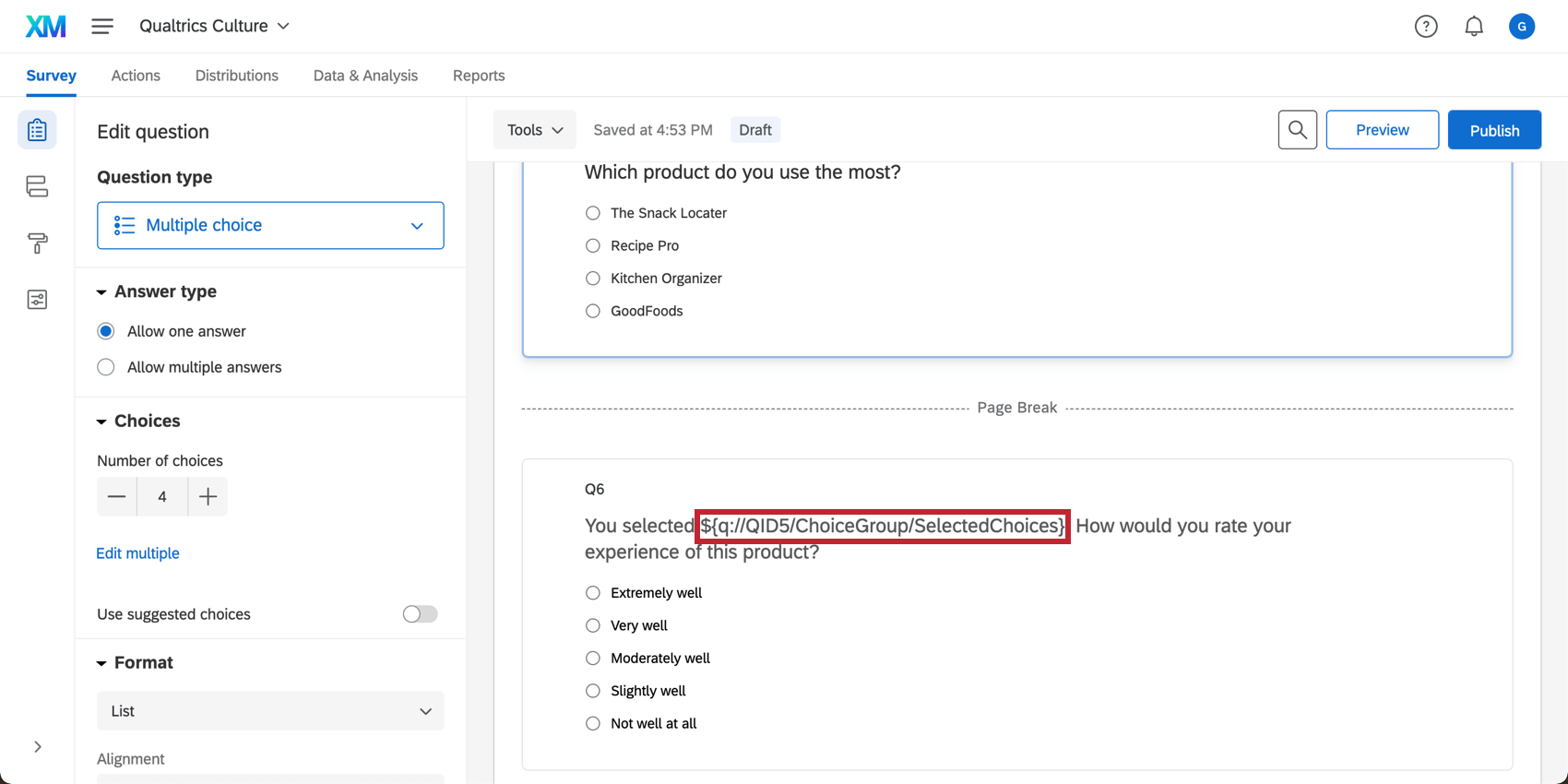 A question asks what software you use. After a page break, the second says You selected and has a placeholder that starts with French brackets