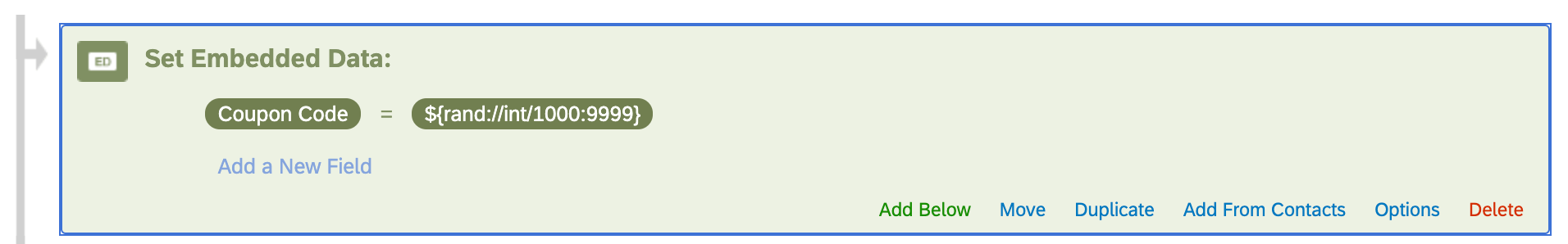 An embedded data element set equal to the random number generator piped text, effectively saving the number in Qualtrics