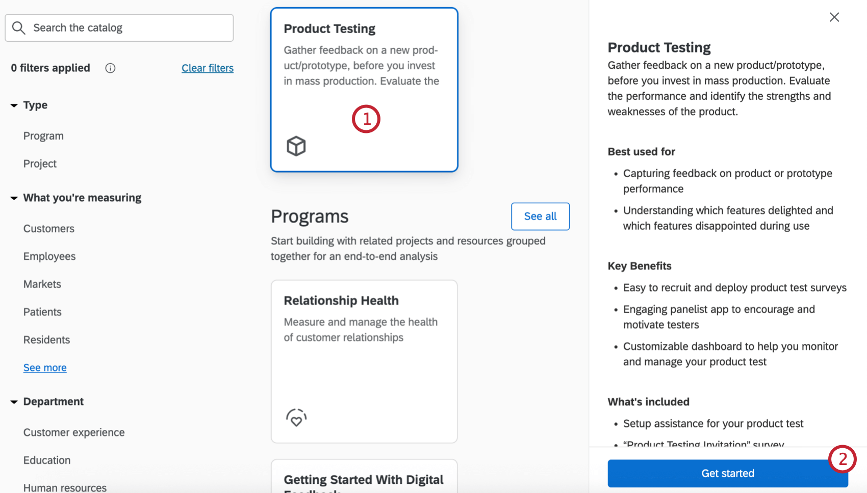 the "product testing" project type within the catalog