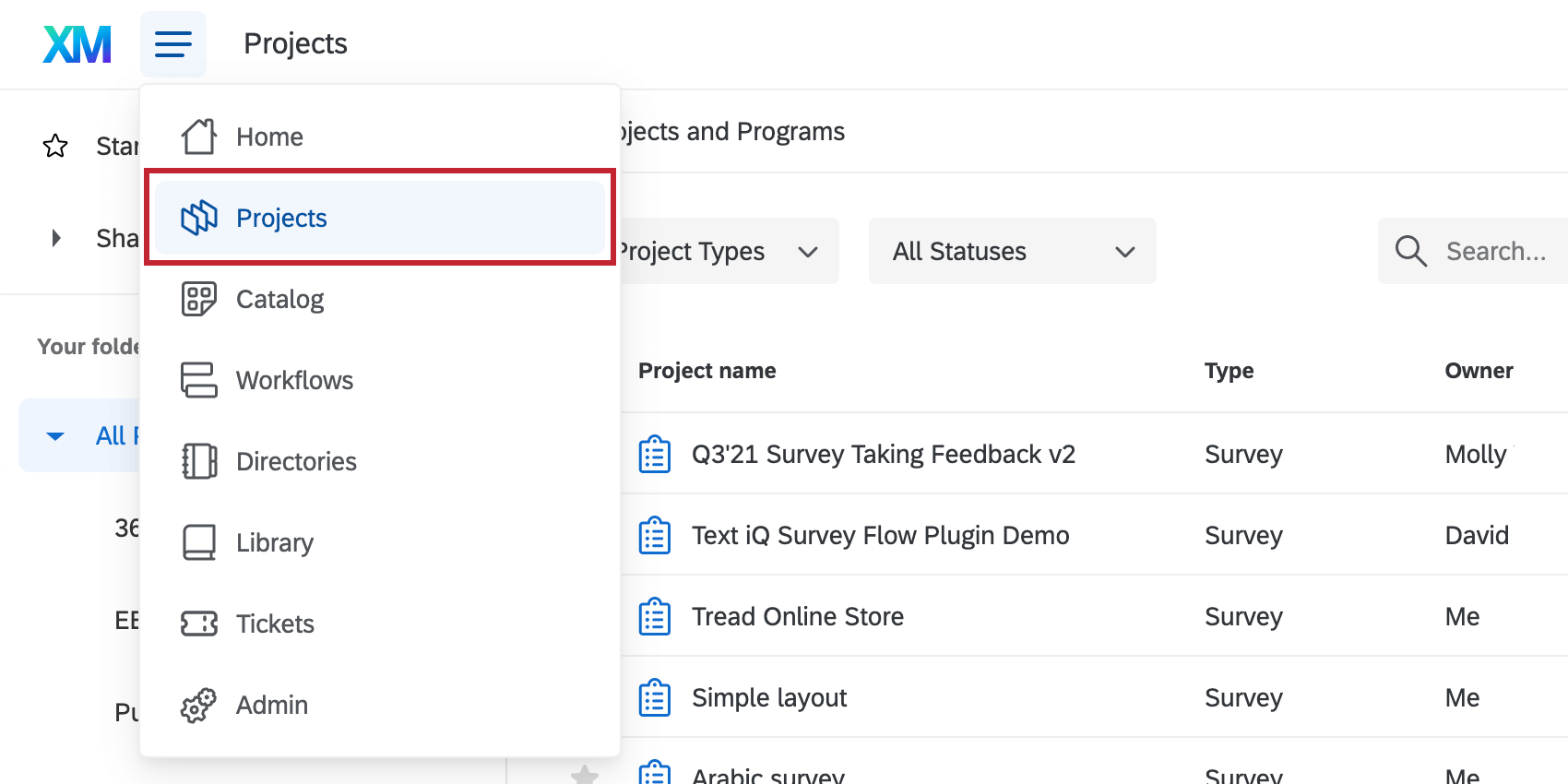 Navigation menu opened, projects is the second thing listed