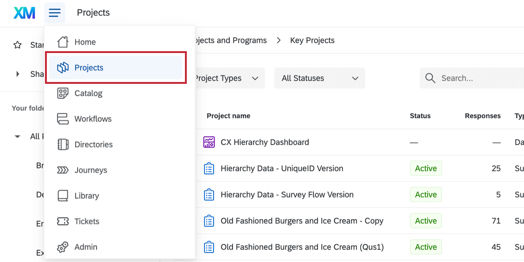 Projects being selected from the navigation menu