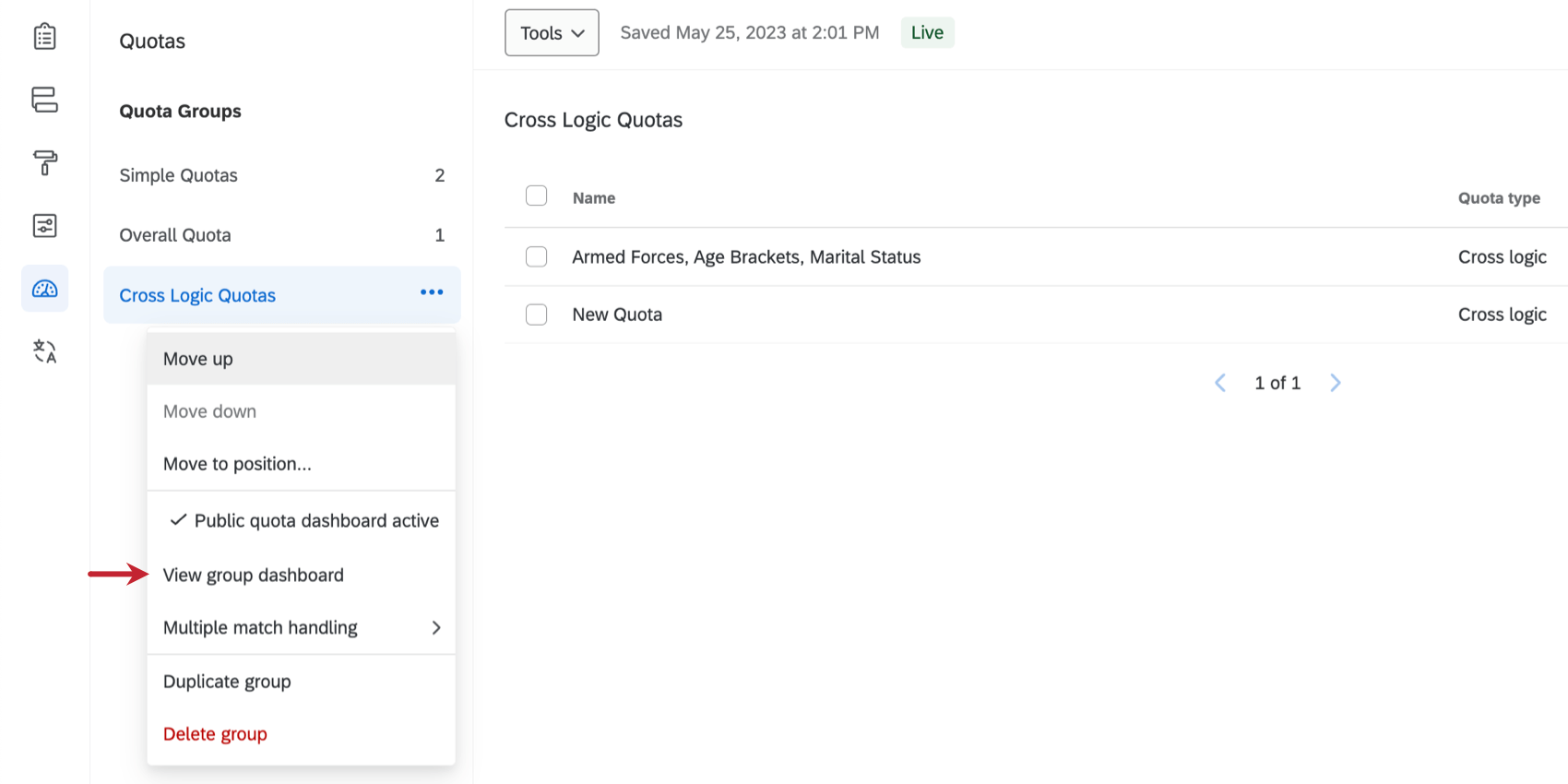 Dropdown next to a quota group has a view group dashboard option