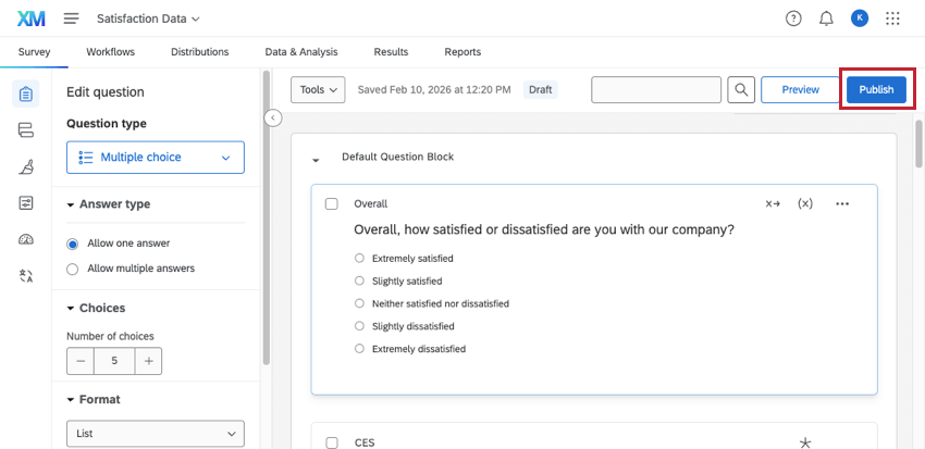 Publish button in upper-right of survey builder page