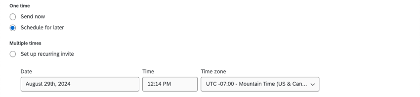schedule for later makes a date, time, and time zone menu appear