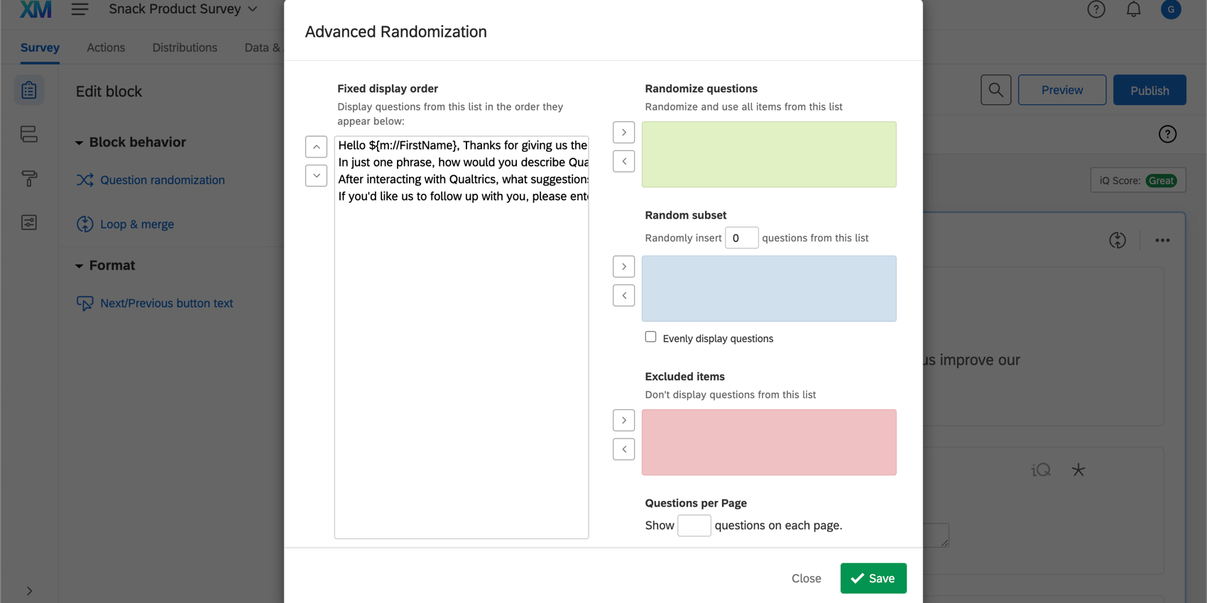 Advanced randomization options in the advanced randomization menu; includes fixed display order, randomize questions, random subset, excluded items, and questions per page