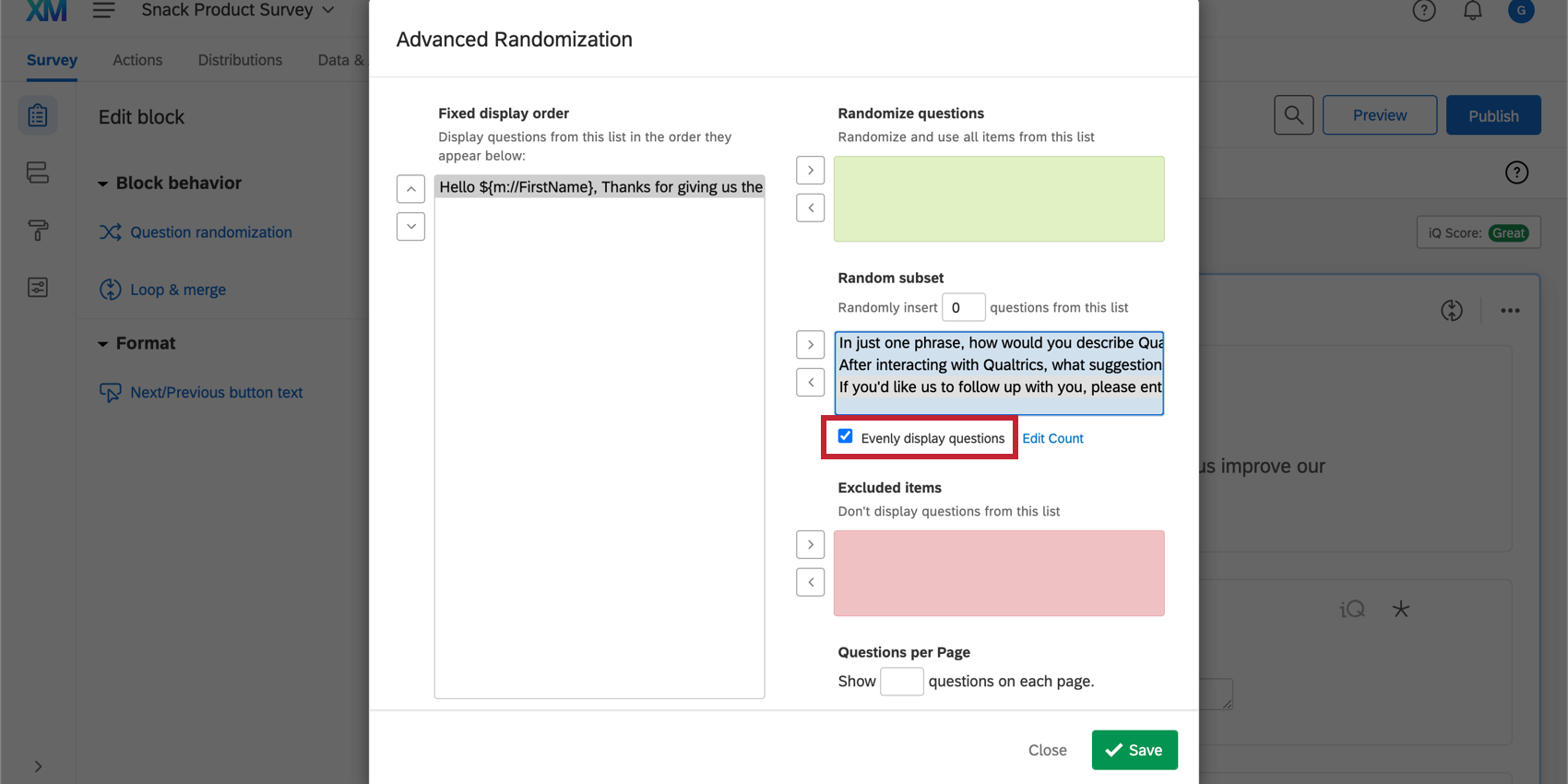 Evenly display questions option in the random subset menu