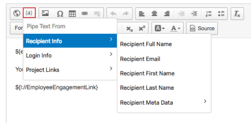 Recipient Info option within the Piped Text dropdown menu