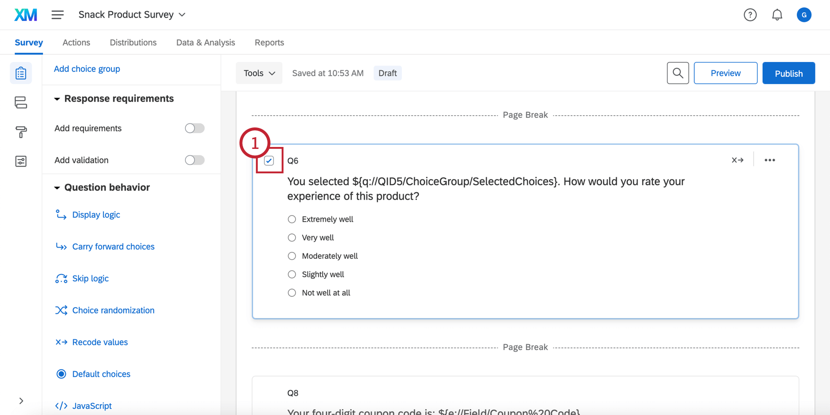 Selected question in the survey editor