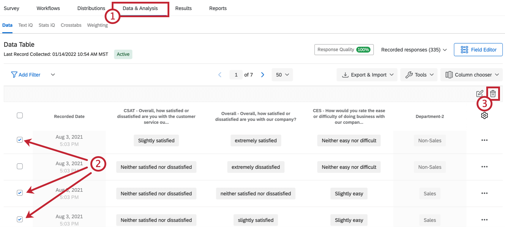 selecting multiple responses to delete