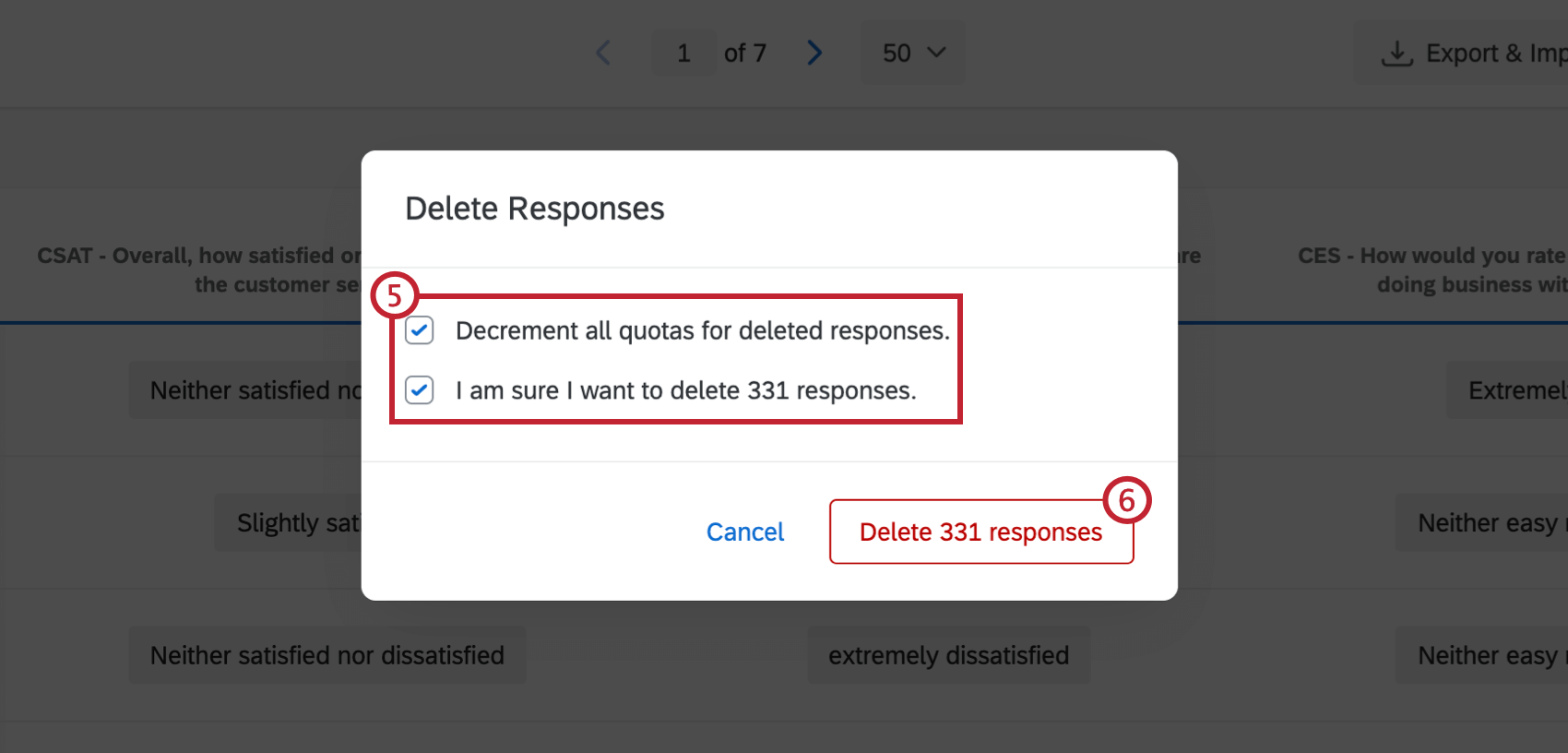 Delete responses window. Two check boxed options. Delete button lower-right in red
