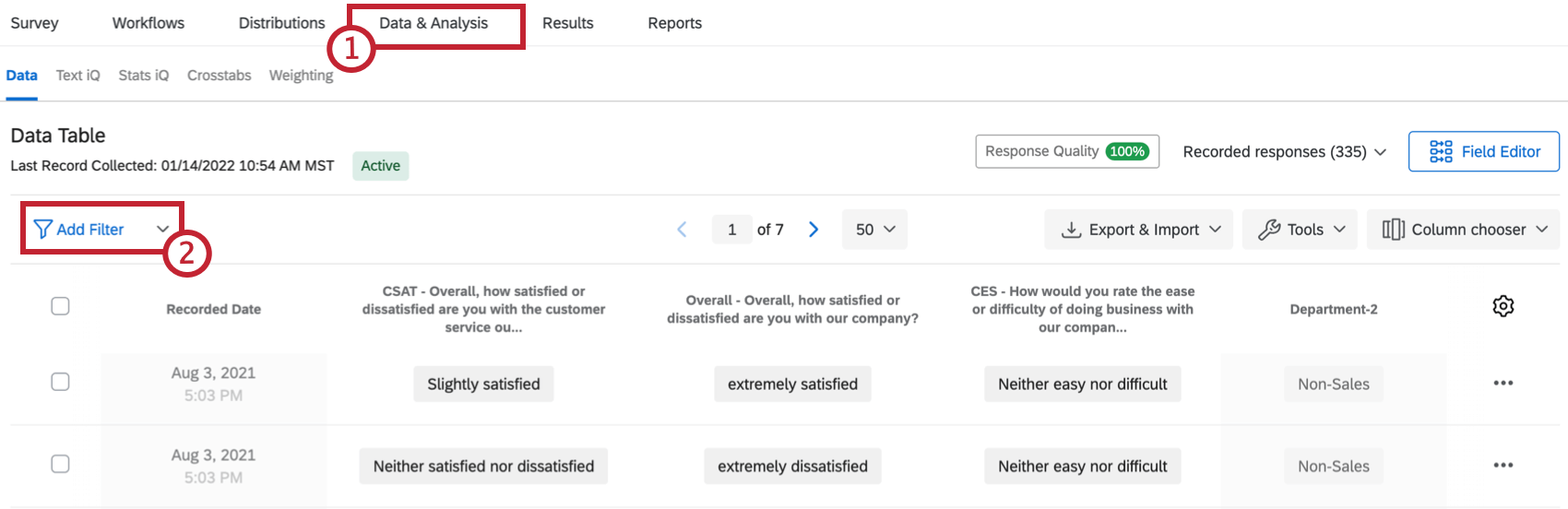 Add Filter option in the upper lefthand corner of Data & Analysis tab
