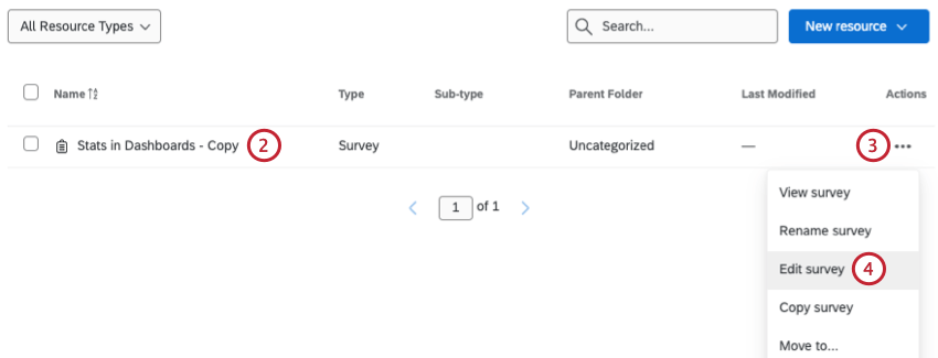 edit survey option within resource options