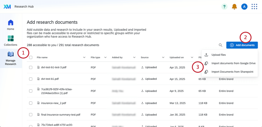 image of opening the manage research page and deciding to add from google drive or sharepoint instead of uploading from a computer