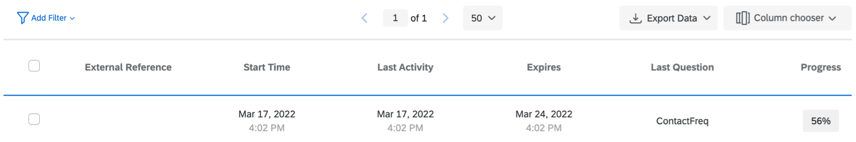 Additional columns of Responses in Progress page with one response showing