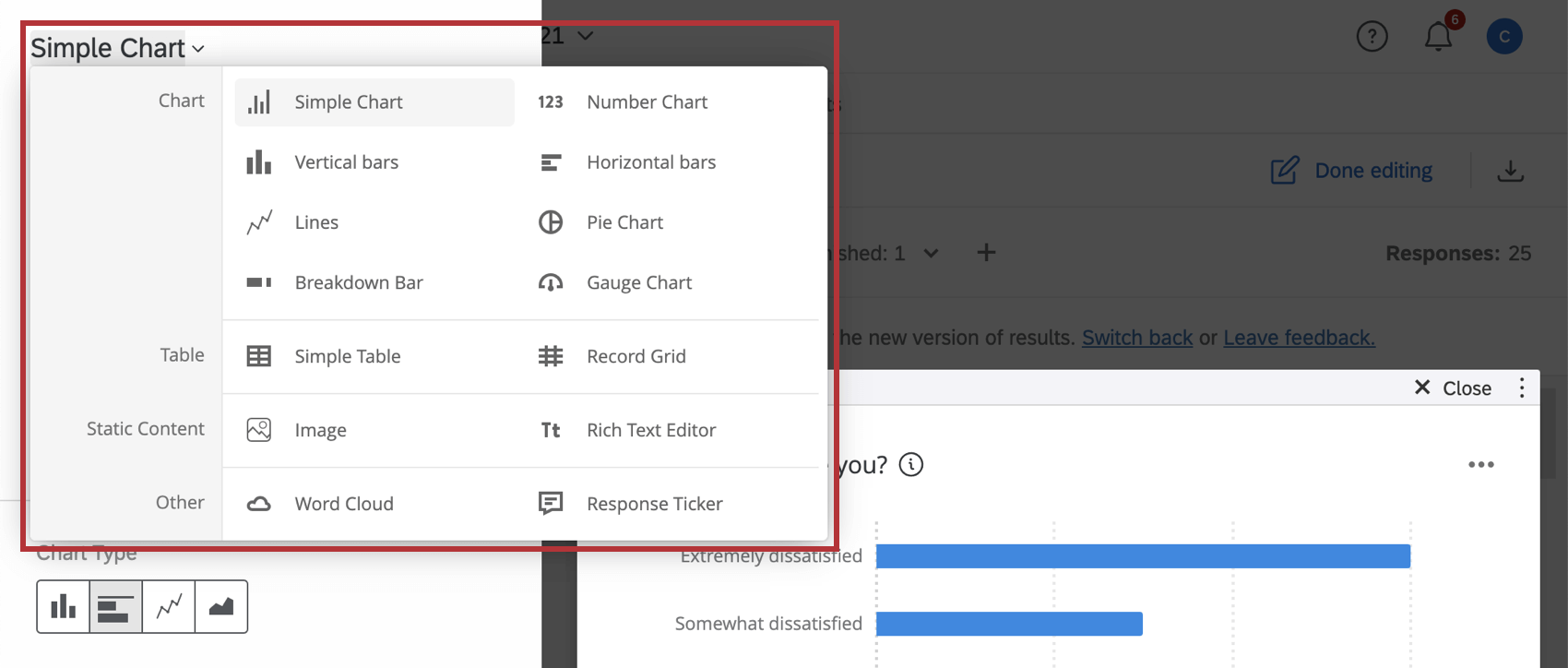 available widget types within a results dashboard