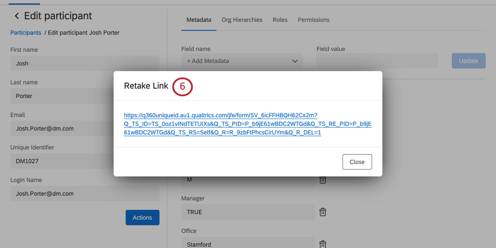 Retake link in a pop-up window