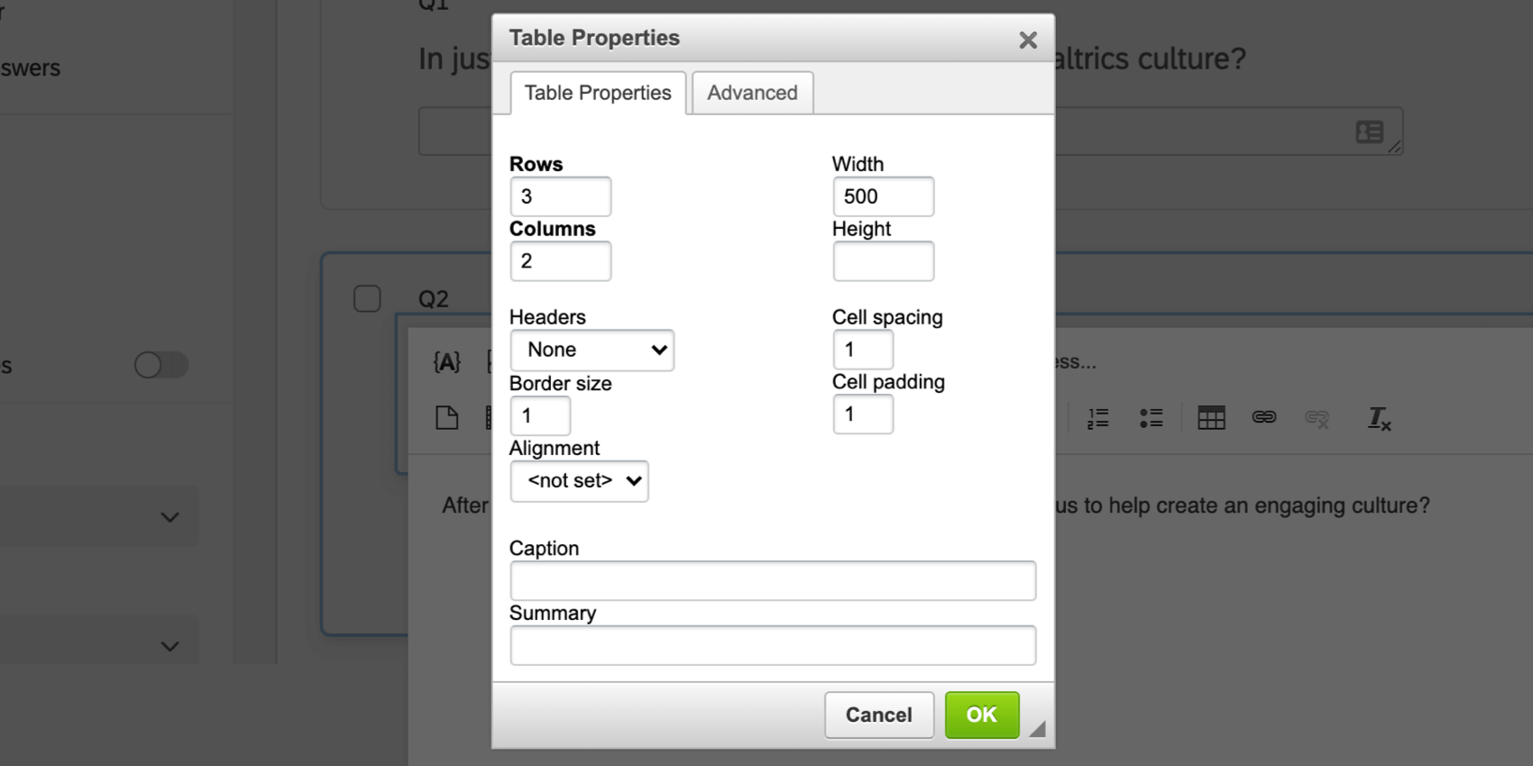 Table editor in the Rich Content Editor