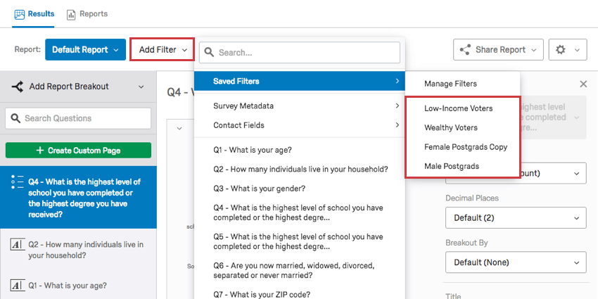 Selecting a filter from the saved filters menu