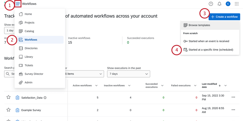 In the workflows page, clicking "create a workflows" and then "started at a specific time"