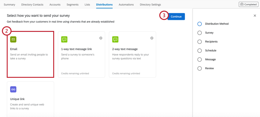 the distributions tab in xm directory. email is selected